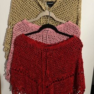 Coastal Crochet Women's Ponchos in Red, Pink, and Tan